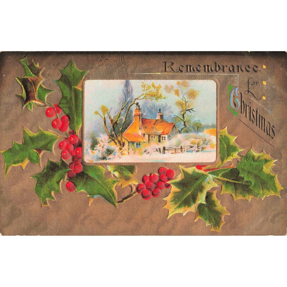Antique 1909 Embossed Christmas Postcard Snowy Cottage Holly Greeting - Picture 1 of 2